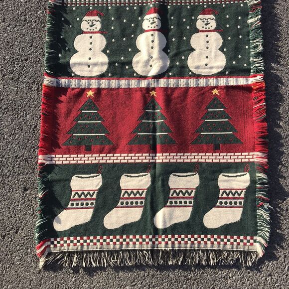 Christmas Holiday Fringed Tapestry Throw Lap Blanket Textile Wall Hanging  28x45 - Picture 4 of 10